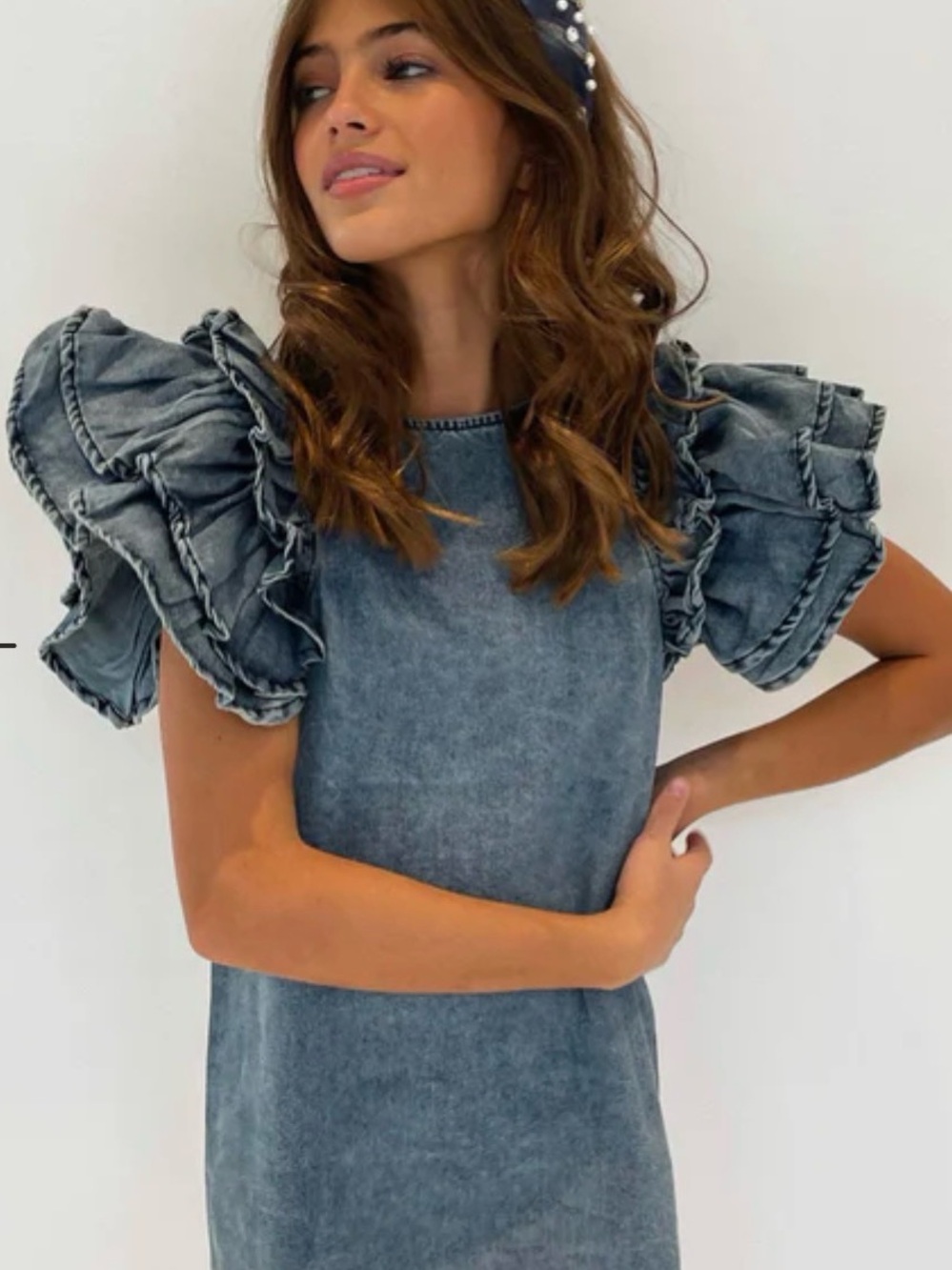 Lola + The Boys Denim Ruffle Dress - Puff Sleeve Festive